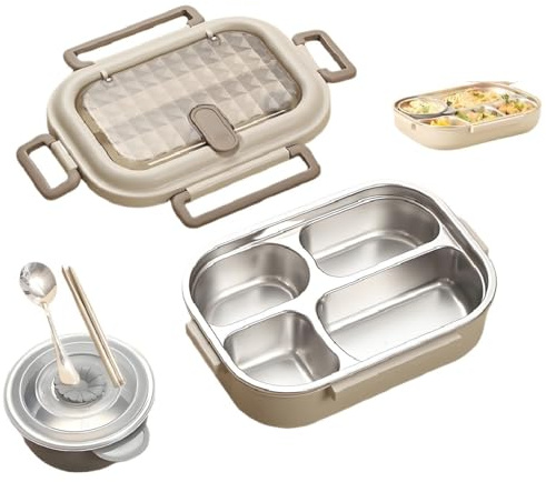 Mikrowellengeeignete, isolierte Bento-Box aus Edelstahl (große Trennwand), 2026 Neue Bento-Box aus Edelstahl, mit Suppenschüssel, Löffel und Gabel(1000ml-4 Compartments)