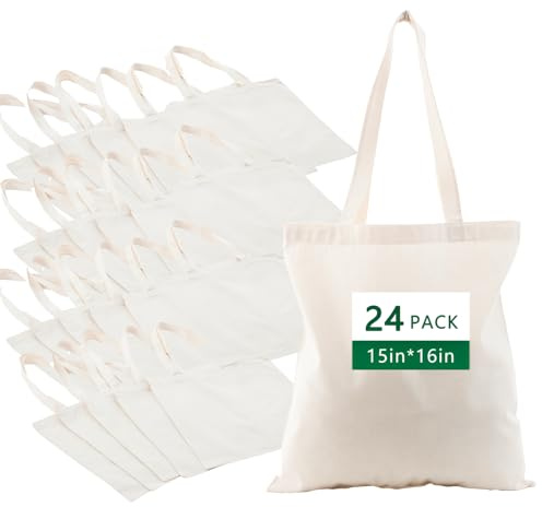 Zenloria 24 Pack Natural Canvas Cotton Tote Bags 15x16 – Heavy-Duty Reusable Canvas Totes for Crafts, Screen Printing, Painting, Events