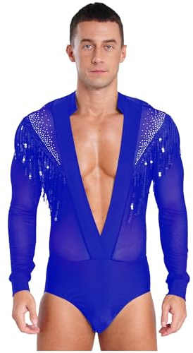 Hedmy Men's Shiny Latin Long Sleeve Shirt with Deep V Neck Ballet Tassel Gymnastics Leotard Costume Blue L