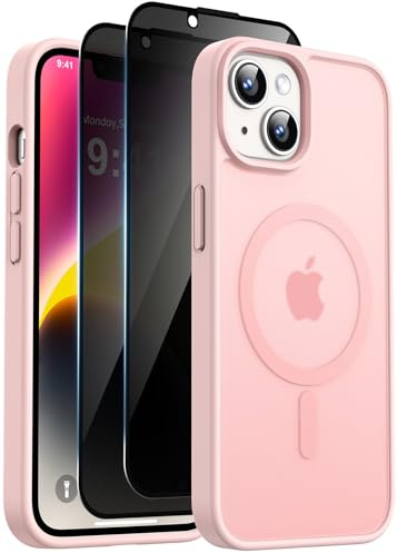 Helssitot Coque pour iPhone 13 / iPhone 14 avec Verre Trempé Anti-Espion | Rose, Magnétique Compatible avec Mag Safe Militaire Étui Housse Antichoc Bumper Militaire 6,1 Pouces