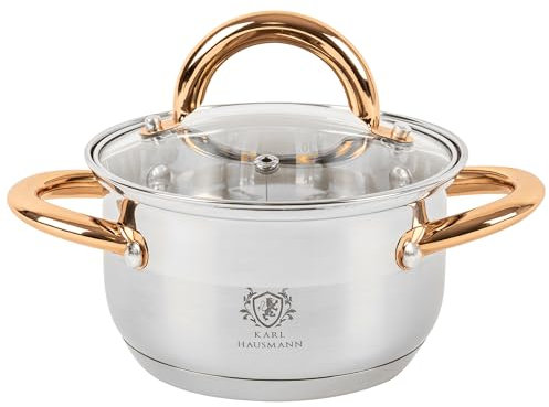 KARL HAUSMANN Faitout Inox - 1.3L - 14 cm - Marmite Induction en Acier Inoxydable 18/0 - Casserole avec Couvercle en Verre - fait tout tous feux - Faitouts Avec Échelle de Mesure - Cocotte Inox
