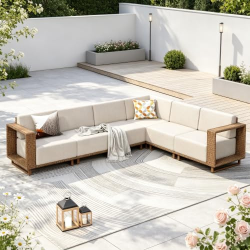 PHI VILLA Rattan Gartenmöbel Set mit 25 cm Kissen, 6 Personen Outdoor Lounge Möbel Ecksofa, L-Form Gartenlounge Gartensofa Terassenmöbel für Außen, Beige