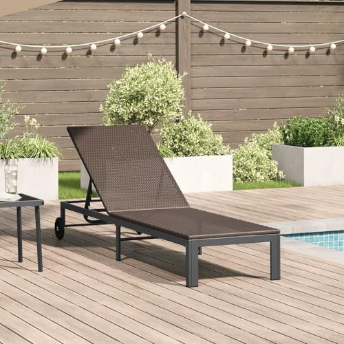 Brokky 42004128 Lettino Prendisole con Ruote Rattan Poliestere Marrone Lettino Prendisole,Sedia a Sdraio,Schienale Reclinabile,per Terrazzo Piscina Giardino