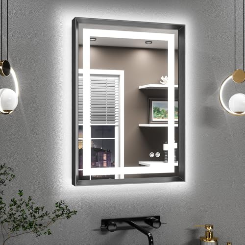 TETOTE Badspiegel mit Beleuchtung Schwarz Metallrahmen 50x70cm, Badezimmerspiegel Beleuchtet Beschlagfrei Wandspiegel Led Bad Spiegel mit Touch-Schalter, 3 Lichtfarben Dimmbar Speicherfunktion