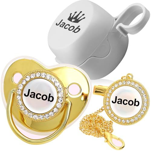Personalisierte Baby Schnuller, Individuelle Schnullerkette mit Namen für Neugeborene Geschenk (Golden-Grau)