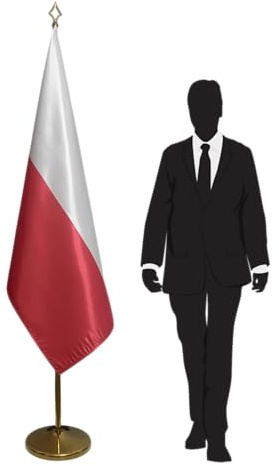 Bandera Polonia con pie y mástil de acero inoxidable – bandera protocolaria para embajadas, universidades, escuelas, oficinas. Pie Ø 360 mm, acero inoxidable acabado dorado, hampa punta lanza. Código
