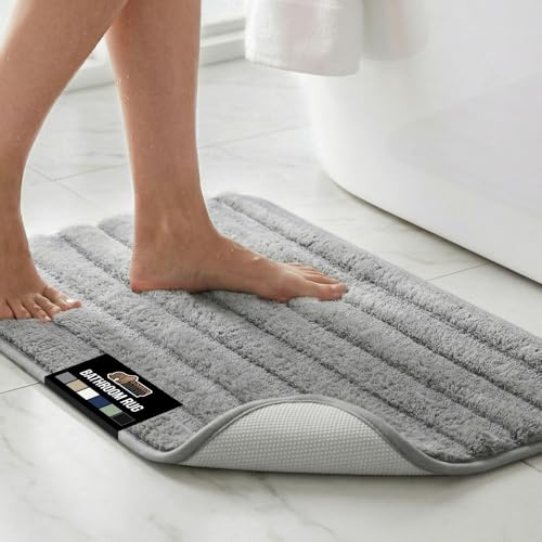 GORILLA GRIP Textured Backing Bathroom Rugs, Soft Memory Foam Absorbent Striped Bath Mats, Machine Washable & Fade Resistant, Bathmat Accessories for Floor, Home Decor Shower Essentials, Grey 30x18