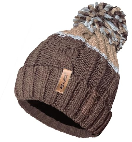 Unisex Herren Damen Warm Winter Chunky Color Block Ski Bommel Bommelmütze mit Kuscheligem Thermo Teddy Fleece Liner