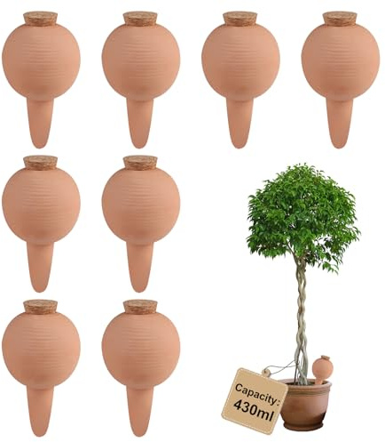 EXLECO 8 × 430ml Oyas Arrosage avec Liège, Arrosoir Terreau Plante Intérieur, Cône Kugelförmig D'argile pour Arrosage Automatique des Fleurs, Olla a Enterrer, pour Jardin, Potager, Pot en Terre Cuite