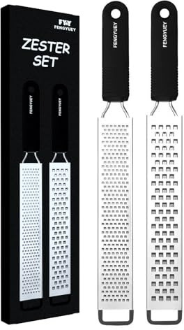 FENGYUEY Lemon Zester [Original] - Parmesan Cheese Grater for Ginger, Garlic, Nutmeg, Chocolate | Handheld Non-Slip Silicone Handle, Sharp Stainless Steel Blades with Protective Cover | 2pcs Black