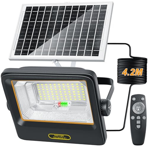 BOSITE Solar LED Strahler mit Fernbedienung 100W, Solar Flutlichter 8000 mAh, Solarlampen für Außen 6500K Kaltweiß, 4.2M Kabel, IP67 Wasserdicht solar Außenstrahler fur Hof Garage Türen Rasen