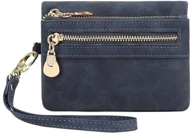 PADGCNOR Portafoglio da donna vintage piccolo con cerniera pieghevole doppia con cinturino da polso, portafoglio corto in pelle, portatile, multi-carta, con finestra for documenti(Dark Blue)