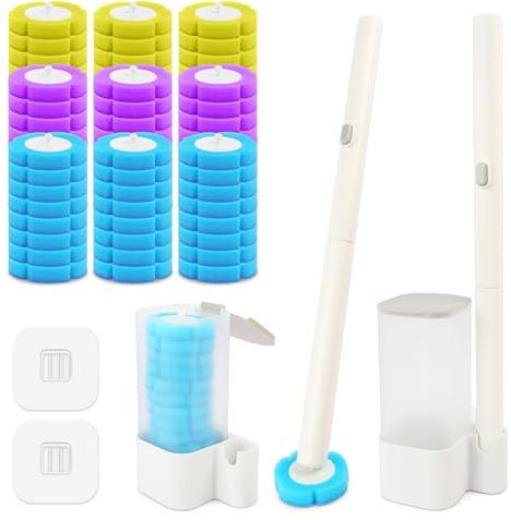 Oaioya Scopino Monouso per Bagno WC,Scopini WC 2 Set di Supporto con 72 Testine di 3 Profumi,Manico Allungato,Montaggio a Parete con Adesivi,Spazzola con Detersivo per Pulizie WC Bagno Usa e Getta
