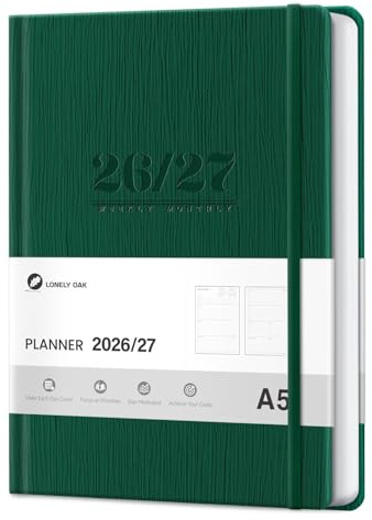 Lonely Oak A5 Academic Diary 2026-2027 Week to View, Daily Weekly Planner | 13 Months Faux Leather School Year Monthly Calendar Diary from Jul.2026 to Jul.2027 5.75 x 8.4（Green）