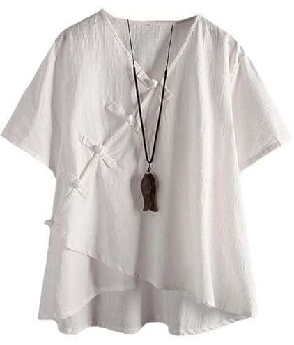 Minibee Women's Linen Retro Chinese Frog Button Tops Blouse White 2XL