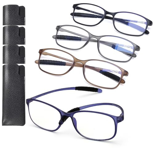 AQWANO 1.5 Reading Glasses for Men Women, Blue Light Blocking Computer Readers, 4 Pack TR90 Flexible Unbreakable Frames Lightweight Cheaters