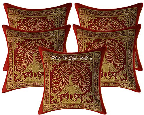 Stylo Culture Ethnico Funda Almohadon Decorativos 30x30 cm Brocado De Seda Pavo Real Fundas para Almohadones Cama Rojo 12x12 Inch Jacquard Cuadrado Cremallera Fundas para Los Cojines del Sofa - 5 Pcs