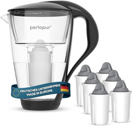 perlopur® Glas-Wasserfilter (schwarz) +6 Filterkartuschen Protect+ | Borosilikatglas, 2 l gesamt, 1 l gefiltert, LED-Anzeige, für classic Kartuschen, für sehr hartes Wasser, starke Entkalkung