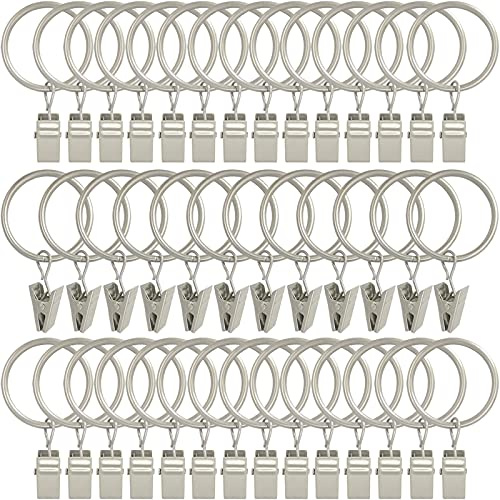 AMZSEVEN 40 Pack Curtain Rings with Clips, Drapery Clips with Rings, Drapes Rings 1.26 in Interior Diameter, Fits up to 1 in Curtain Rod, Matte Silver