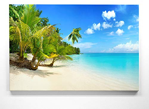 Atemberaubendes Bild Strand & Palmen Malediven - als 200x150cm große XXL Leinwand. Tolles Wandbild als Hintergrund und Deko für Wohnzimmer & Schlafzimmer. Fertig aufgespannt auf 4cm Holz-Keilrahmen