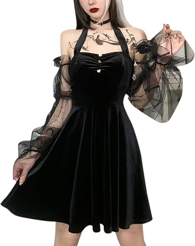 DINGJIUYAN Halloween Dresses Women's Vintage Sexy Gothic Dress - Plus Size, Lolita Style, Y2K & Grunge Inspired, Black Fairy Evening Wedding Guest Dress