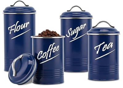 Hillbond Kitchen Canister Sets for Countertop Food Storage Containers Stainless Steel with Powder Coated Decorative Metal Storage Jars for Kitchen Counter Set of 4 (Navy Blue)