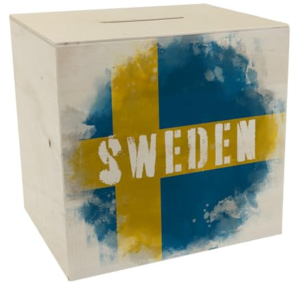 Spardose aus Holz mit Schweden-Flagge im Used Look - Sparschwein für Urlauber eine schöne Sparbüchse mit der schwedischen Nationalflagge verziert um auf die Reise nach Schweden zu