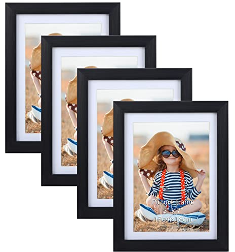 EXYGLO 4er Set Bilderrahmen 13x18 cm mit Passepartout oder 15x20 cm ohne Passepartout, Klassischer Fotorahmen mit Schwarz Holzmaserungsrahmen, Wand- oder Tischaufsteller