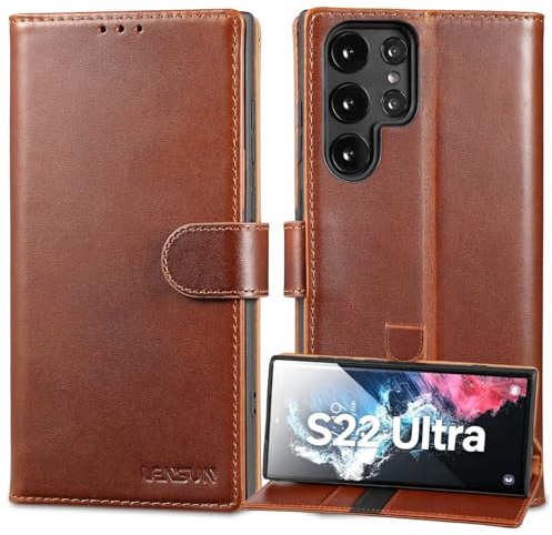 LENSUN Echtleder Hülle für Samsung Galaxy S22 Ultra, Handyhülle [Echtes Leder][Kartenfach][RFID Schutz] Handytasche Lederhülle für Galaxy S22 Ultra 5G - Dunkelbraun