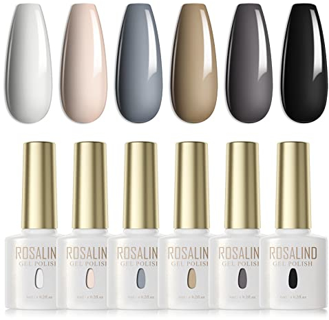 ROSALIND UV Nagellack Set, 6 Farben Weiß Nude Grau Schwarz Soak Off UV/LED Gel Nail Polish für Gelnägel Salon Nail Art Design 6ml