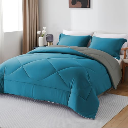 beeweed Coverless Duvet Single 10.5 Tog 135x200cm, Peacock Blue & Grey, Lightweight Quilt Set with 1 Zipper Pillowcase, Soft Microfiber Cosy Comforter for All Seasons, Machine Washable