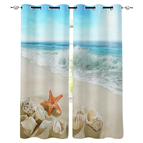 Yanyan Art 2 Paneele Strand Meer Seesterne Muscheln Fenstervorhänge für Wohnzimmer Schlafzimmer Küche Fensterbehandlungen Wohnkultur Vorhänge BxH/2x70x200cm