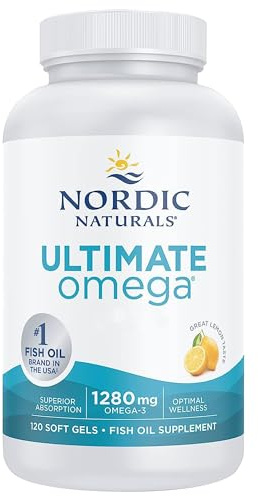 Nordic Naturals Ultimate Omega 3 Kapseln mit hochdosiertem Fischöl, Omega-3-Nahrungsergänzung mit 1280 mg, EPA und DHA, hoch dosiert, Zitronengeschmack, 120 Softgels, sojafrei, glutenfrei, natürlich
