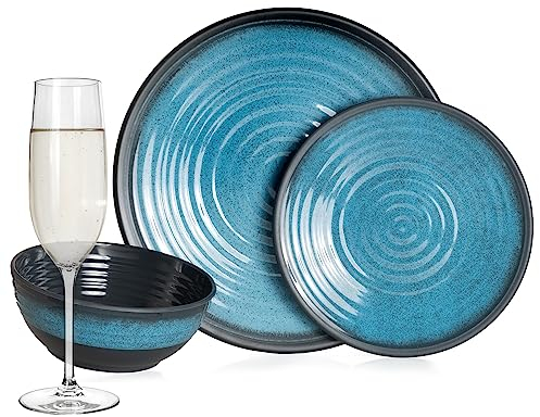 Vaisselle de camping en mélamine pour 4 personnes Bleu pierre + 4 verres à champagne Tiamo Flûtes Vaisselle de table Pique-nique BBQ Batterie de cuisine