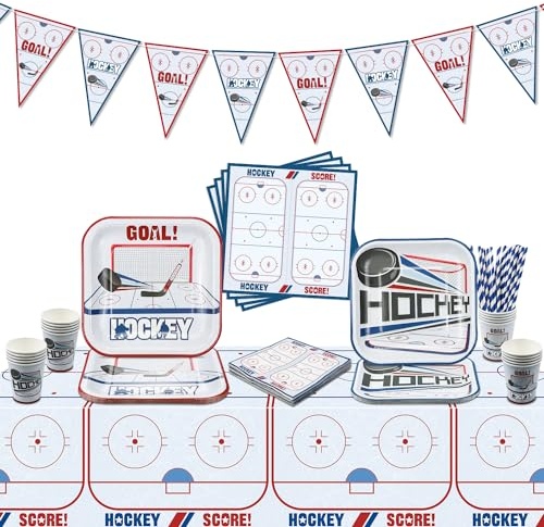102Pcs Eishockey Party Dekorationen - Eishockey Geburtstag Party Supplies umfassen Eishockey Thema Tassen, Party Teller und Servietten für Kinder Fan Sportevents Eishockey Dekor, servieren 20