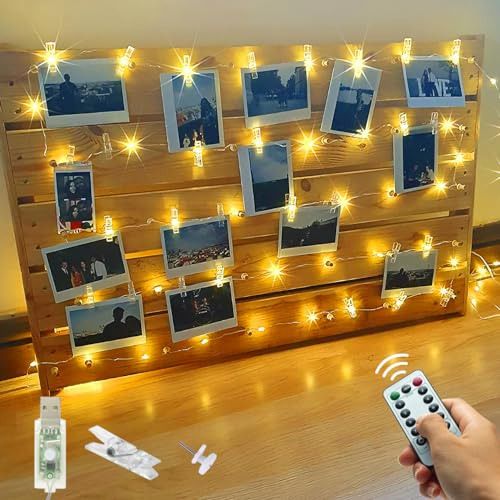 litogo 12M 120LEDs Fotoclips Lichterkette, Warmweiß 8 Modi USB Lichterkette mit Fernbedienungen, für Zimmer Deko Fotos Wand mit 60 Klammern Bilder für Wohnzimmer, Weihnachten, Hochzeiten, Party