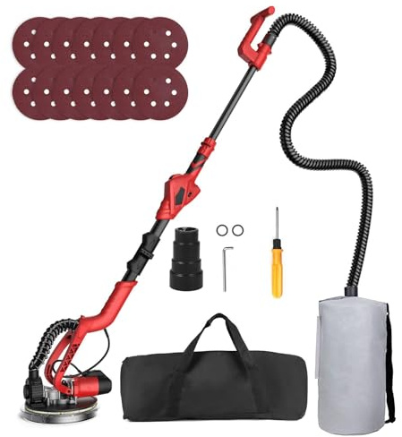 Mulcort Levigatrice per cartongesso 750 W Levigatrice da parete con 14 dischi abrasivi 6 velocità variabili 1000-1850 giri/min Levigatrice elettrica per cartongesso con luce LED Maniglia pieghevole