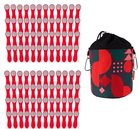 96 Wäscheklammern Wäscheclips mit Druckfedern aus Edelstahl und Soft Grip Rot Grau, 1 bellaCott Wäscheklammerbeutel Retro Red