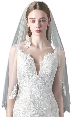 YAEISM Hochzeitsschleier, 1 Etage, Blumenspitze, Perlenrand, Perlen, Brautschleier, elegant, bestickt, Ellenbogenlänge, elfenbeinfarbener Schleier für Bräute, Junggesellinnenabschiede, Elfenbein,