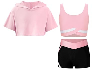 Fldy Kinder Mädchen Trainingsanzug Sport Set Kurzarm Hoodie Crop Tank Top Und Shorts Mädchen Sommer Kleidung Set Tanz Workout Laufen Outfit Rosa_A 122-128