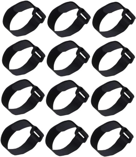 12 x verstellbare Yoga-Matten-Bänder zum Binden Ihrer Matte fest, Fahrrad-Rad-Stabilisator-Gurte, selbstgreifendes Klettband, Yogamatte, Schlinge, Aufbewahrung, Kordelzug, Nylon, Schwarz , One size