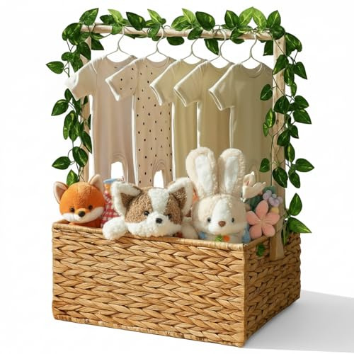 Juexica Scatola di benvenuto in vimini per baby shower, cestino regalo per bambini con manico e ghirlanda, regalo di benvenuto per bambini e bambine