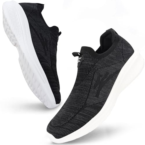 Giniros Herr Slip On träningsskor vardagliga träningsskor skor andningsbara löpning gång sneakers lätta tennisskor mjuka bekväma nät gym träning sneakers, Svart och vit, 9 UK