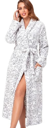 RONGTAI Lång morgonrock för kvinnor plysch fleece nattlinne tjock huva badrock med fickor fluffiga nattkläder för män, Grå leopard, XL