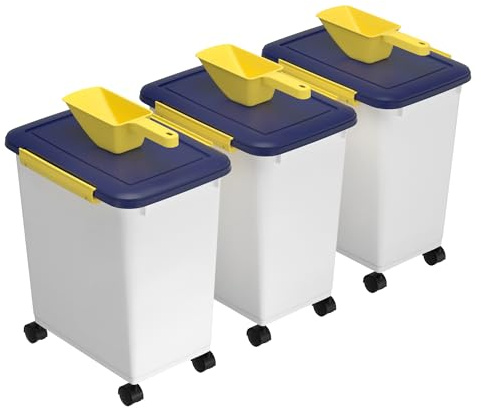 Cetomo 32L*3 Contenitori per Cibo per Cani Ermetici con Ruote, Guarnizione Silicone e Chiusura a Scatto, Scatole di Conservazione, Bianco & Blu & Giallo, 32L(12kg), 3 Unità