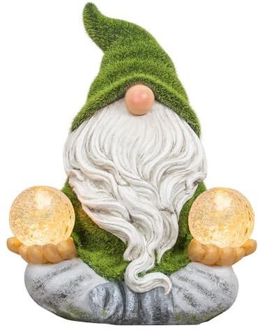 TERESA'S COLLECTIONS Lustige Gartenzwerge Gartendeko für Draußen Gartenfiguren Wetterfest Figur Yoga Zwerg Beflockte mit Zwei Glaskugel Solarleuchte Gartenwichtel Geschenk Muttertag Vatertag,20cm(L)
