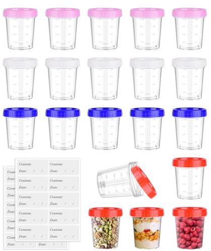 Mispudin 20 Stück Kleine Plastikdosen mit Deckel, 120ml Mini Behälter | Datumsaufkleber, Luftdicht, Breibecher zum Einfrieren, Aufbewahrungsdosen Klein Rund, für Joghurt, Pudding und Dressing