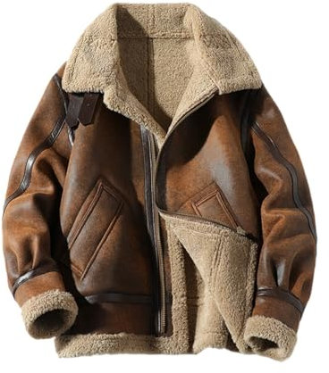 Zelbuck Herren Fliegerjacke Winter Kunst-Lederjacke Piloten Jacke Gefüttert Fellkragen Fleecejacke (Braun,L)