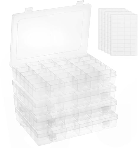 OUTUXED 4 Pack 36 Grids Plastic Bead Organizer Box with Dividers, Clear Craft Tackle Box Parts Storage Containers with Compartments for Jewelry Fishing Tackle Art DIY with 5 Sheets Label Stickers