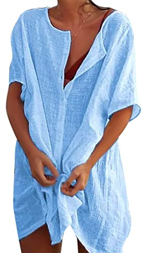 Svanco Women Beach Cover Up Cotton Swimsuit Coverup Long Beachwear Beach Dress with Buttons Shirt Dresses Bikinis Sarong Loose Blouse Oversized for Lady Blue